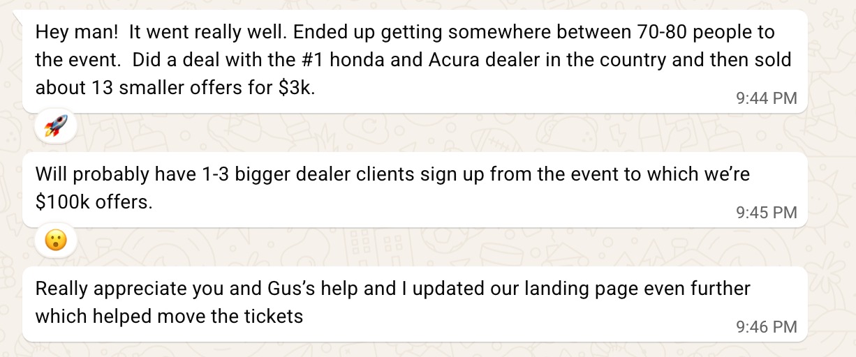 Client result: Dealer Event Win - 70-80 attendees